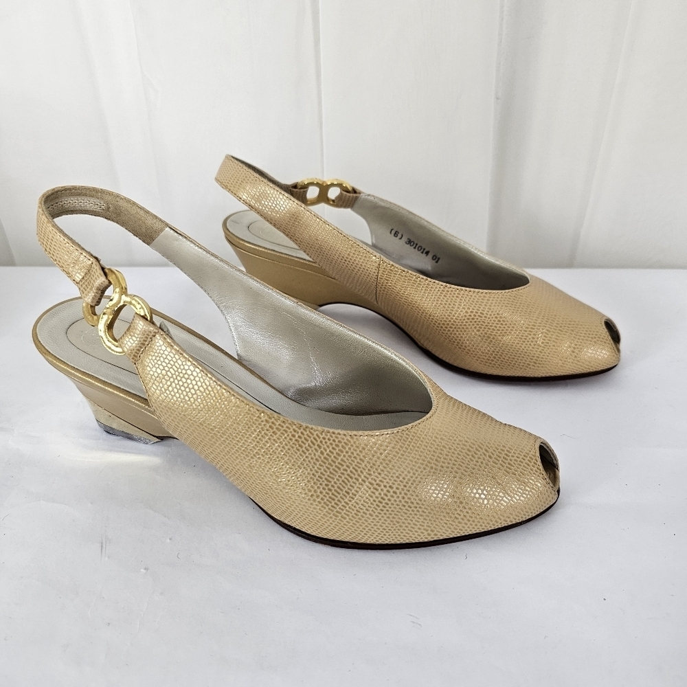 Peter Kaiser Myrna Gold Leather Slingback Wedge Heels Peep Toe Gold Buckle 6